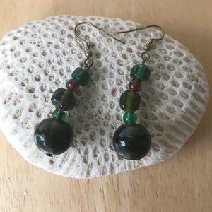 Green Glass Beaded Earrings Handmade Vintage